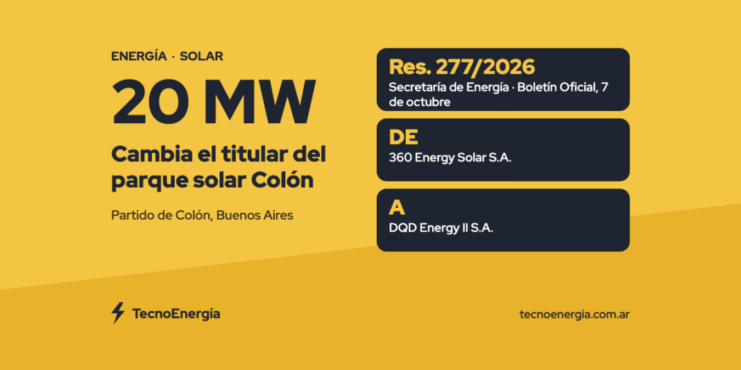 Placa sobre el cambio de titular del parque solar 360 Energy Colón de 20 MW
